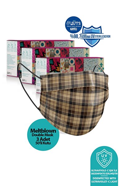 Medizer Kahverengi Ekose Desenli Meltblown Ultrasonik 3 Katlı Cerrahi Maske B...