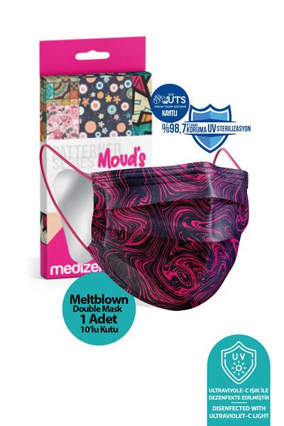 Medizer Fuşya Desenli Meltblown Kumaş Ultrasonik 3 Katlı Cerrahi Maske - Buru...
