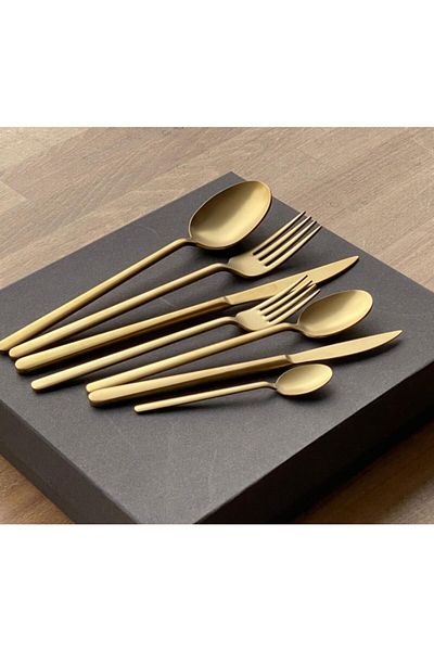 DMR LİFE طقم ملاعق شوكة ذهبية 18 قطعة من Rüya Matte Gold (18 قطعة حلوى).