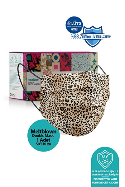 Medizer 50 Adet Leopar Desenli Meltblown Ultrasonik 3 Katlı Cerrahi Maske Burun Telli