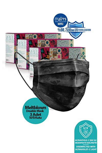 Medizer Siyah Kamuflaj Desenli Meltblown Ultrasonik 3 Katlı Cerrahi Maske 150...