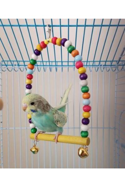 TUĞRA PET MARKET Bird Swing With Wooden Perch And Wooden Colored Beads Toy Bell For Cage Birds
