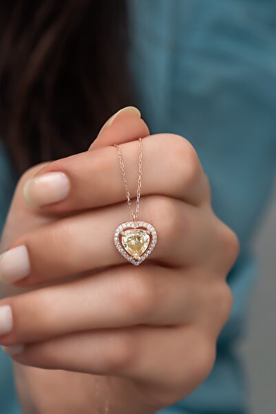 Nereze 925 Ayar Gümüş Sitrin Taşlı Kalp Model Kolye