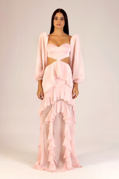 TARA COŞKUNTUNCEL Pudra Bel Detaylı Fırfır Elbise