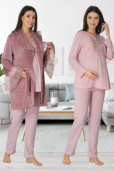 Effortt Mayss Collections 8088 Powder Pink Color Velvet Maternity Pajama Set with Dressing Gown