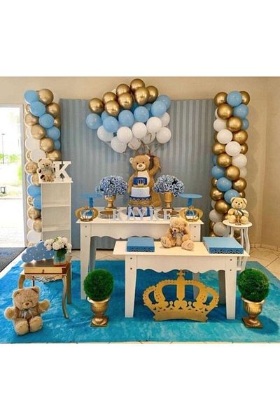 MERİ PARTİ 100 Pieces Blue White Metallic Gold Chrome Balloons and Balloon Chain Concept Party