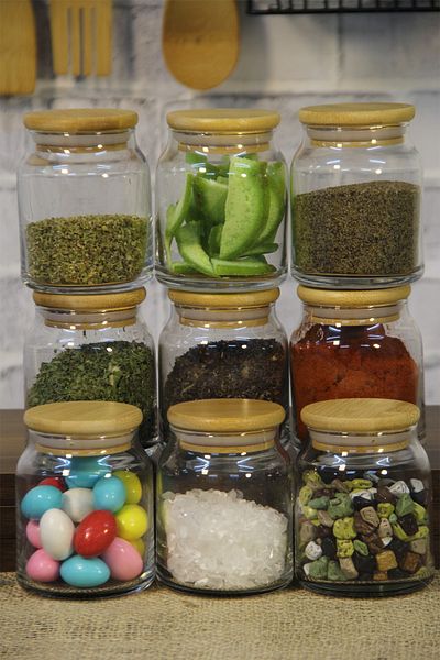 İLİVA 9-Piece Bamboo Lid Jar Spice Dispenser Set Glass Jar Set 300 Ml