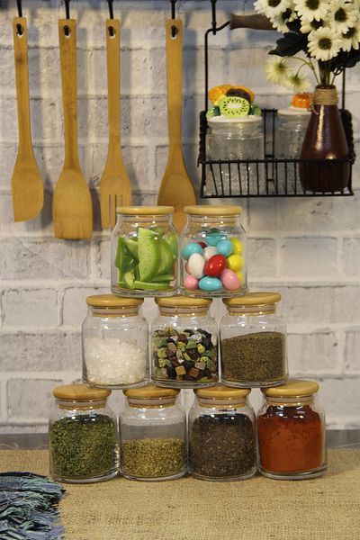 İLİVA 9-Piece Bamboo Lid Jar Spice Dispenser Set Glass Jar Set 300 Ml