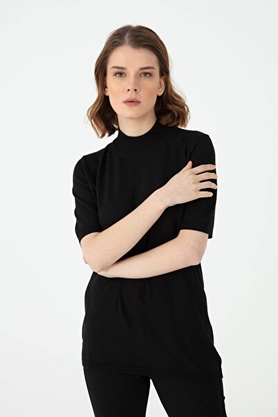 Desen Triko Μαύρη γυναικεία μπλούζα μισό ψαράκι - 02420345