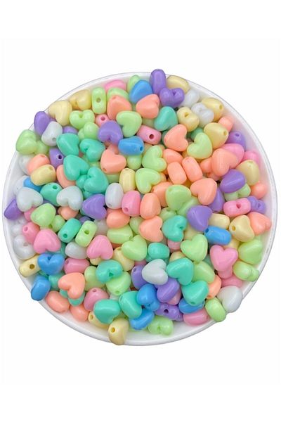 Hedef Bijuteri 25gr 10mm Pastel Mixed Color Plastic Heart Model Beads, Jewelry Making Beads (25gr,~60 Pieces)