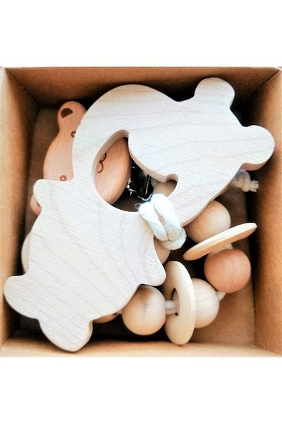 domini Wooden Maple Teether Teddy Bear Clip Set