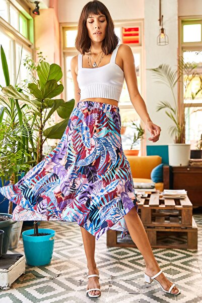 Olalook Dámska fialová asymetrická elastická tkaná viskózová sukňa v páse ETK-19000171