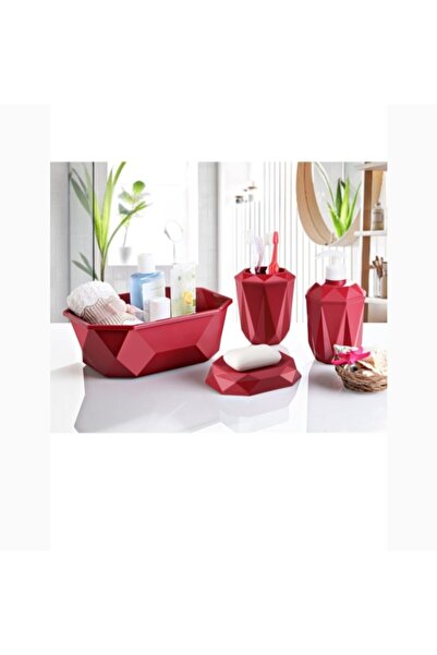 EbruliHomeArt Bordo Prizma 4'lü Banyo Seti - Banyo Organizer - Banyo Dekorasy...