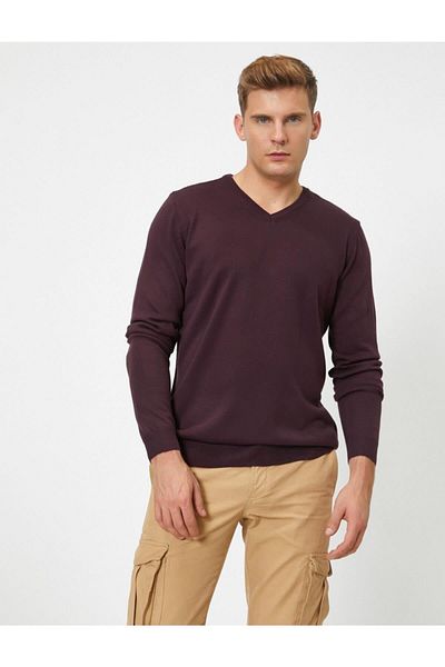 Koton Men's Purple V-Neck Long Sleeve Knitwear Sweater