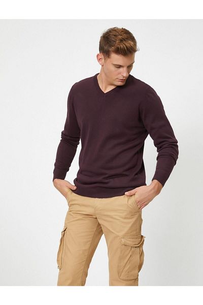Koton Men's Purple V-Neck Long Sleeve Knitwear Sweater