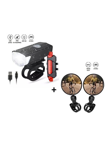 Rechargeable Bicycle Headlight Rear Taillight + 2 Wide-Angle Rearview Mirrors Set