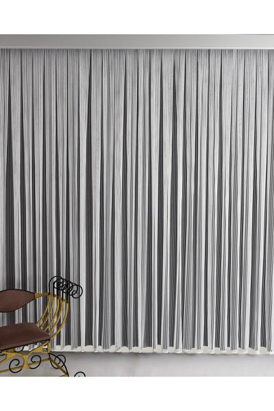 VANESSA PERDE Çizgili Ip Tül Altın Parlak Geçiş Kırışmaz 1/3 Sık Pile Yüksek Gramaj