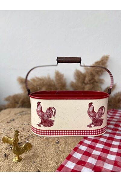 Handmadesign Horozlu Pötikareli Krem Kırmızı Country Galvaniz Çok Amaçlı Bölm...