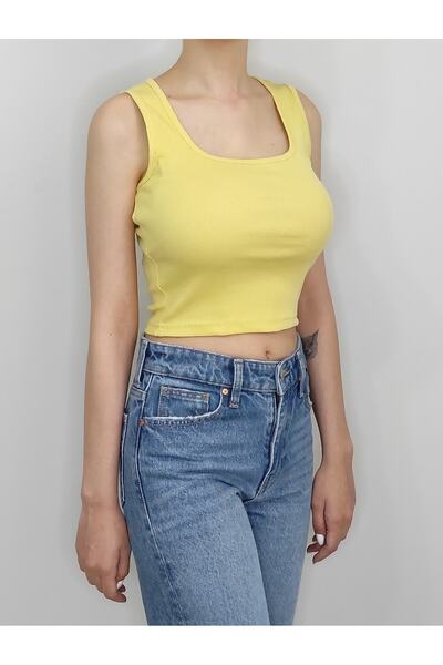 Bomenti Life Women's Yellow Ribbed U Neck Sleeveless Crop T-Shirt