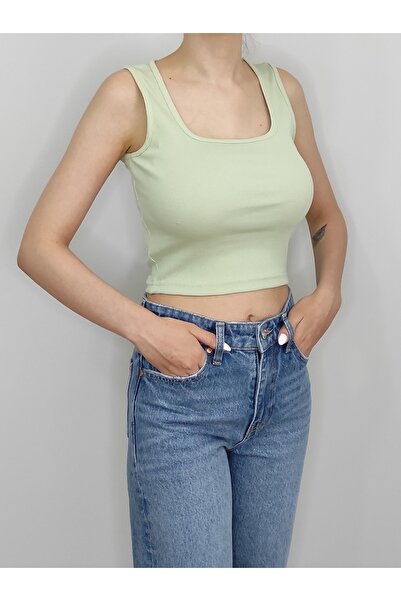 Bomenti Life Women's Mint Green Ribbed U-Neck Sleeveless Crop T-Shirt