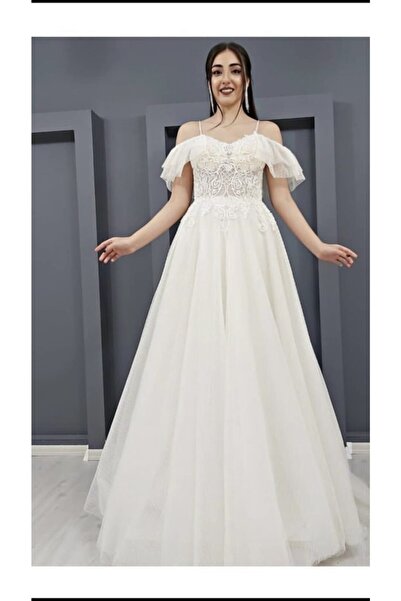 VENTURA SPOZA Puantiyeli Tüllü Omuz Detaylı Helen Gelinlik