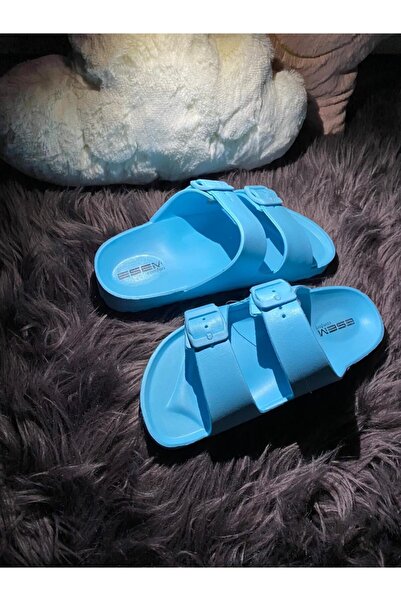 Esem Women's Double Buckle Buckle Pool Beach Sea Summer Home Turquoise Blue Slippers