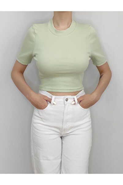Bomenti Life تي شيرت نسائي قصير الأكمام بياقة واقفة باللون الأخضر النعناعي