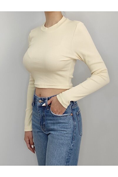 Bomenti Life Women's Cream Ribbed Stand Collar Long Sleeve Crop T-Shirt