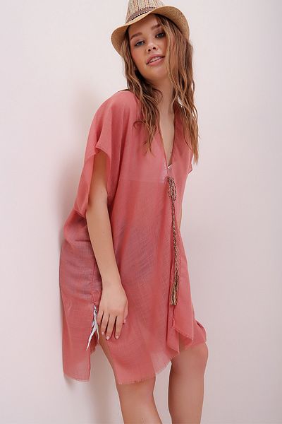 Trend Alaçatı Stili Korallenroter Kimono mit Seitenschlitz für Damen ALC-A2294