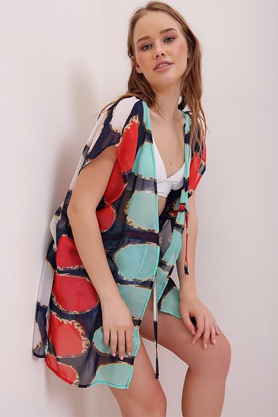 Trend Alaçatı Stili Damskie wzorzyste kimono z czerwonymi rozcięciami po bokach ALC-A2295