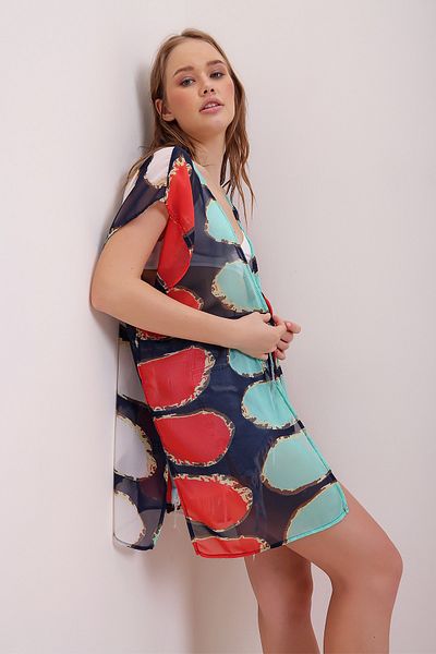 Trend Alaçatı Stili Damskie wzorzyste kimono z czerwonymi rozcięciami po bokach ALC-A2295