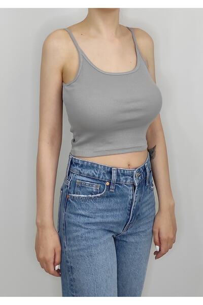 Bomenti Life Kadın Gri Fitilli Askılı Crop Tişört