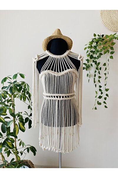 Dekor Kapanı Women's Ecru Macrame Beach Dress Pareo - Design Festival Party Beach Dress