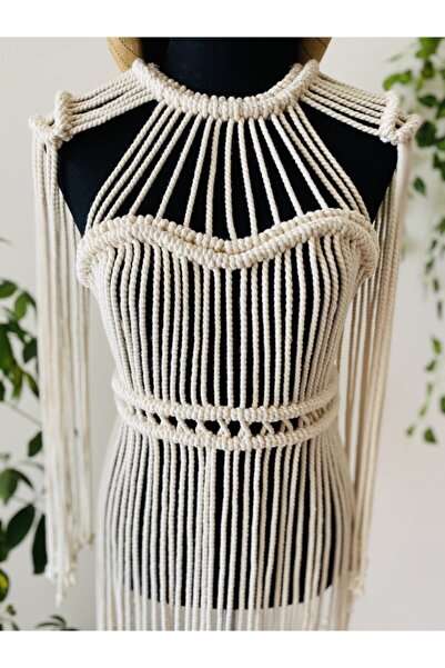 Dekor Kapanı Women's Ecru Macrame Beach Dress Pareo - Design Festival Party Beach Dress