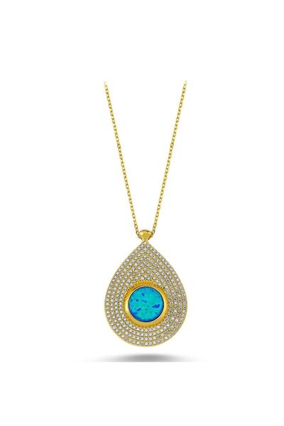 Beyaz Zirkon Taşlı Opal Kolye
