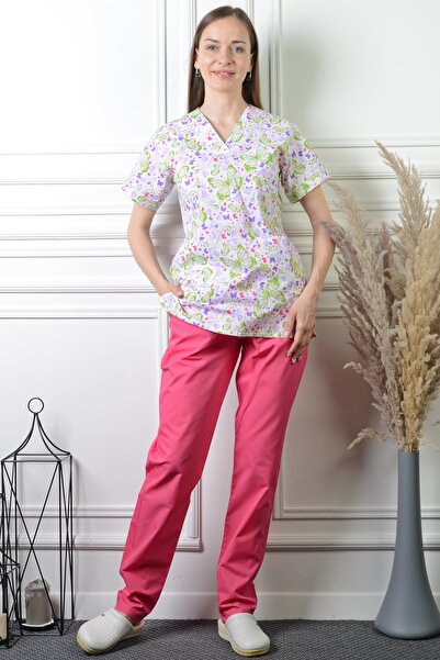 ModaCanel بدلة جيرسي للطبيب والممرضة برقبة على شكل حرف V، نمط فراشة أرجواني ف...