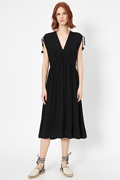 Koton Дамска черна дантелена рокля с детайли 0YAK88013PW