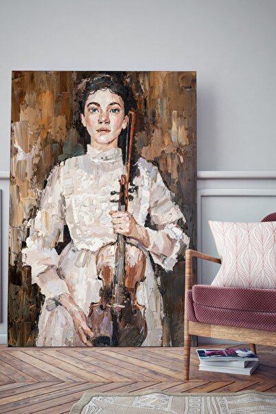 BOLU REKLAM Tabela Ustası Yağlı Boya Dokulu Keman Ve Kız Dev Büyük Boy Kanvas Tablo