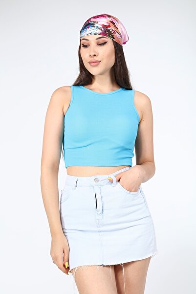 AFŞAR MODA Women's Turquoise Basic Strappy Crop Top