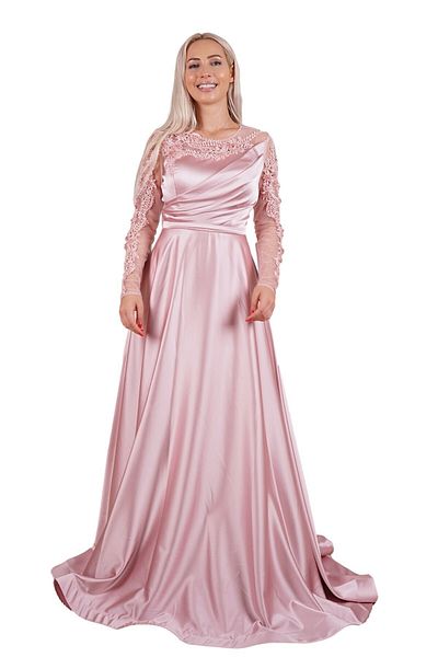 SpringStore Rochie de seara din tul cu maneci si decolteu brodate cu pudra