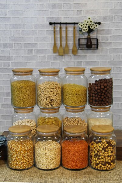 İLİVA 12 Adet 800 Ml Bambu Kapaklı Vakumlu Cam Kavanoz Saklama Kabı Seti, Baharat Takımı