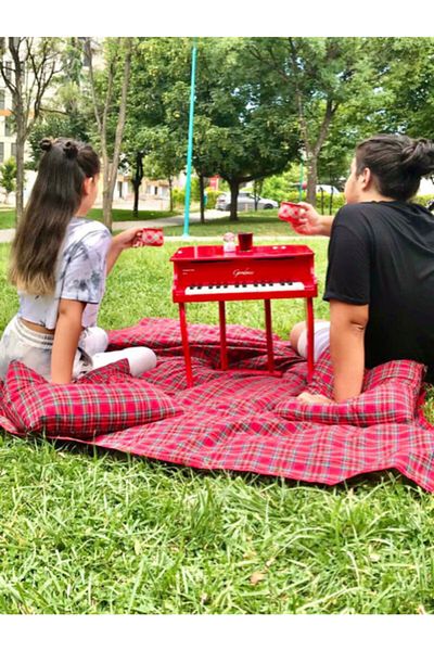 BELMOD Red Green Plaid Gingham Picnic Cloth 170*170 2 Pieces Picnic Cushion 45*45cm Picnic Set
