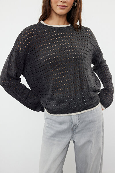 Trendyol Collection Crew Neck Anthracite Knitwear Sweater - Openwork/Hole TWOAW24KZ00740
