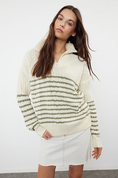 Trendyol Collection Pulover de tricotaj crem cu fermoar cu tăietură largă - TWOAW22KZ0020