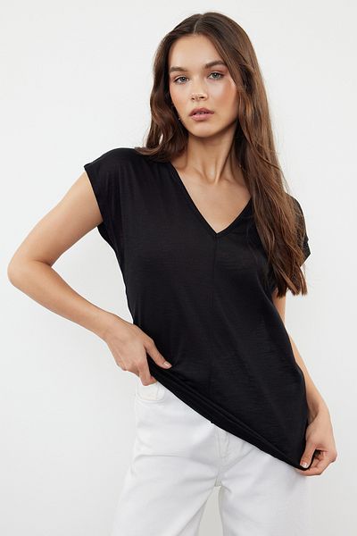 Trendyol Collection Black V-Neck Relaxed/Comfortable Fit Knitted T-Shirt TWOSS24TS00284