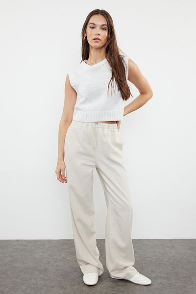 Trendyol Collection Панталон с висока талия и широки крачоли с висока талия и детайли от смесен лен от камъни Twoaw25Je00003