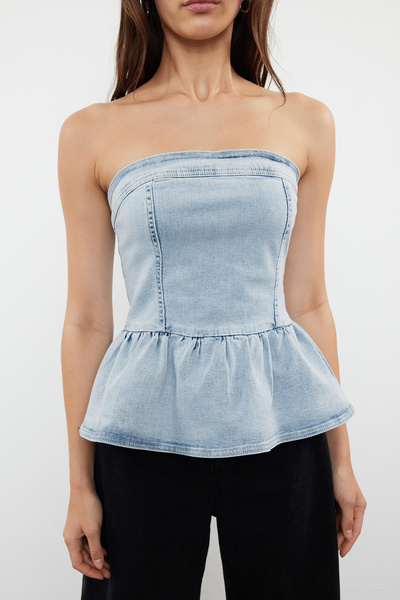 Trendyol Collection Pánt nélküli nyakú farmer mellszobor világoskék léggömb szoknyával TWOSS24BS00019