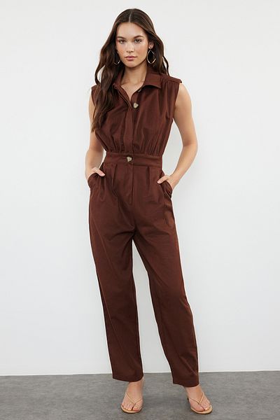Trendyol Collection Кафяв гащеризон с макси дължина - яка на риза, тъкан, TWOSS21TU0233