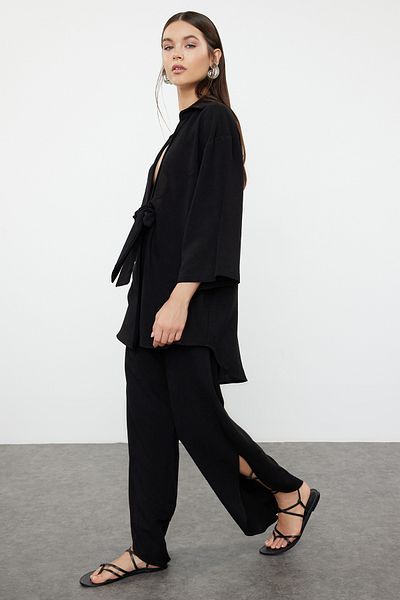 Trendyol Collection Linen Blend Black Shirt and Pants Beach Set - Tbess24Au00031