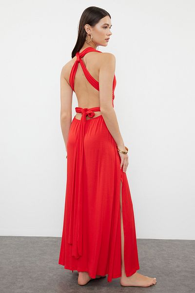Trendyol Collection Kötött Maxi strandruha - piros szalaggal és nyakkendővel TBESS21EL2992